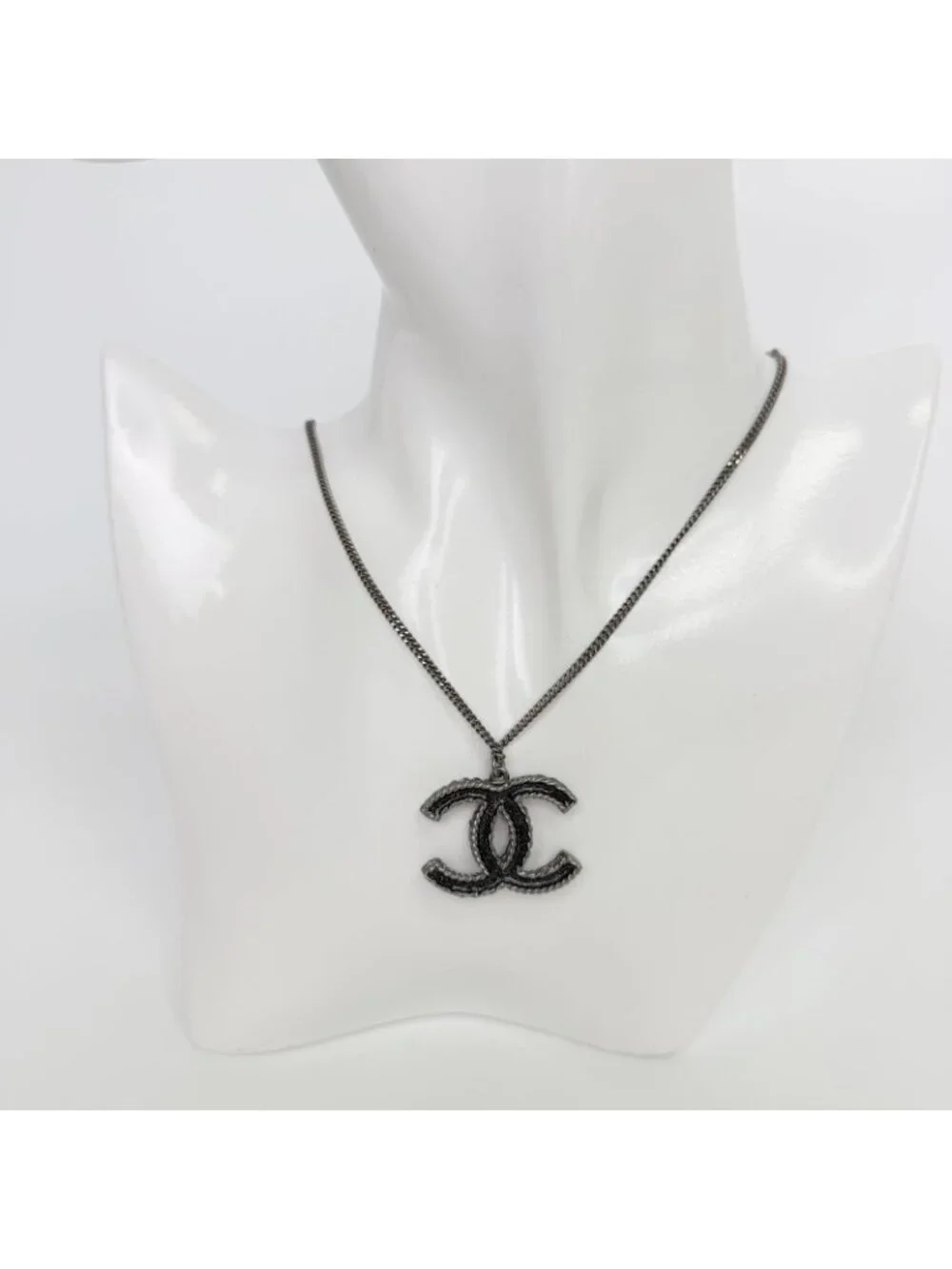 Chanel CC Logo Necklace Plated Rhinestone Silver Vintage